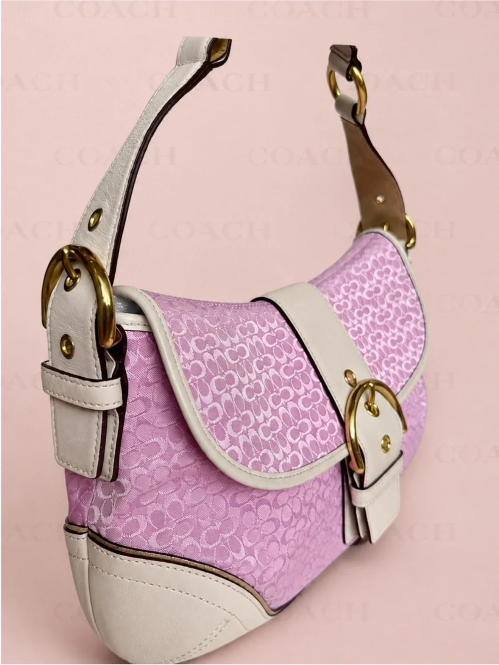 Coach Pink Jacquard Hobo Shoulder Bag with Cream Trim